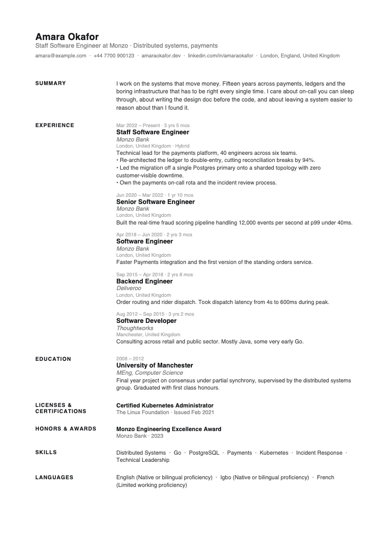 A CV rendered in the Gutter layout